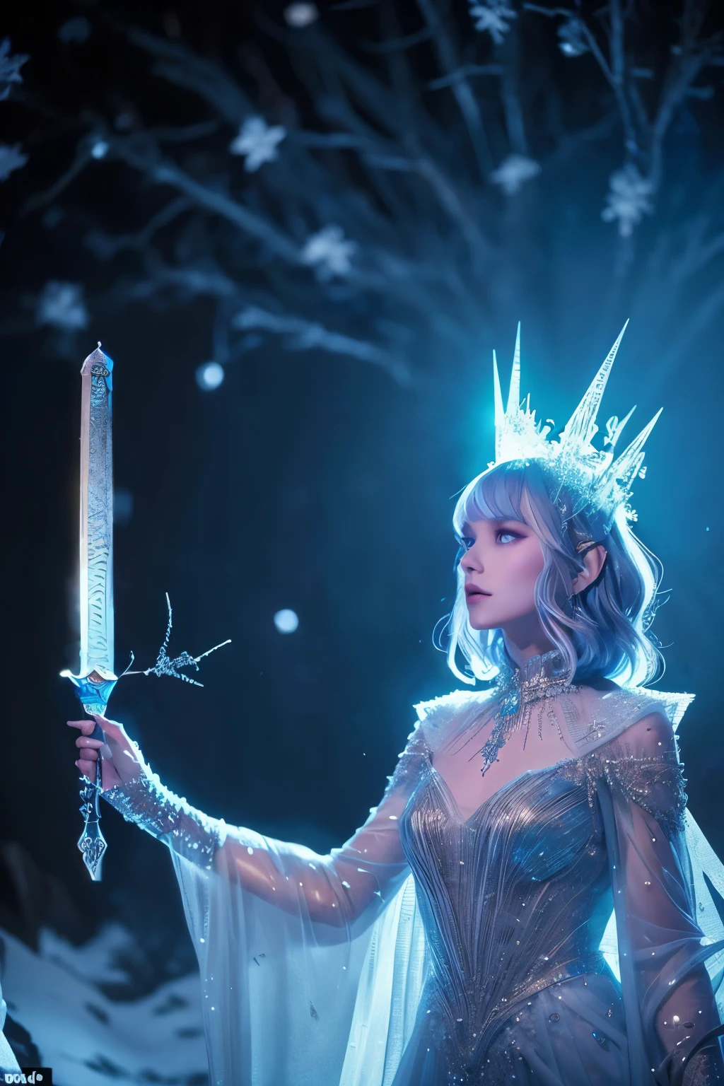 La Reina de las Nieves sostiene una espada de hielo.. La espada brilla con chispeantes partículas de hielo.