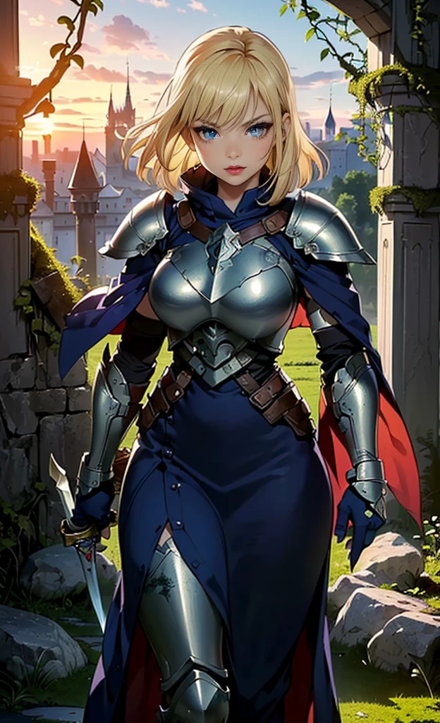 ((1woman, (solo, 1girl, alone), kohaku, blonde hair, blue eyes, tied hair)), smug, ((solo, (1woman, pink lipstick), Extremely detailed, ambient soft lighting, 4k, perfect eyes, a perfect face, perfect lighting, a 1girl)), austere, ((woman knight, steel armor, dark armor, plate armor, medieval armor, gauntlets, armor shin guards, armor breastplate, flowing cape, decorated armor, armor with magical rune carvings, high relief, abandoned castle, sunset, column with vines, moss, flowers, torches, magic sword, wielding a bewitched sword))