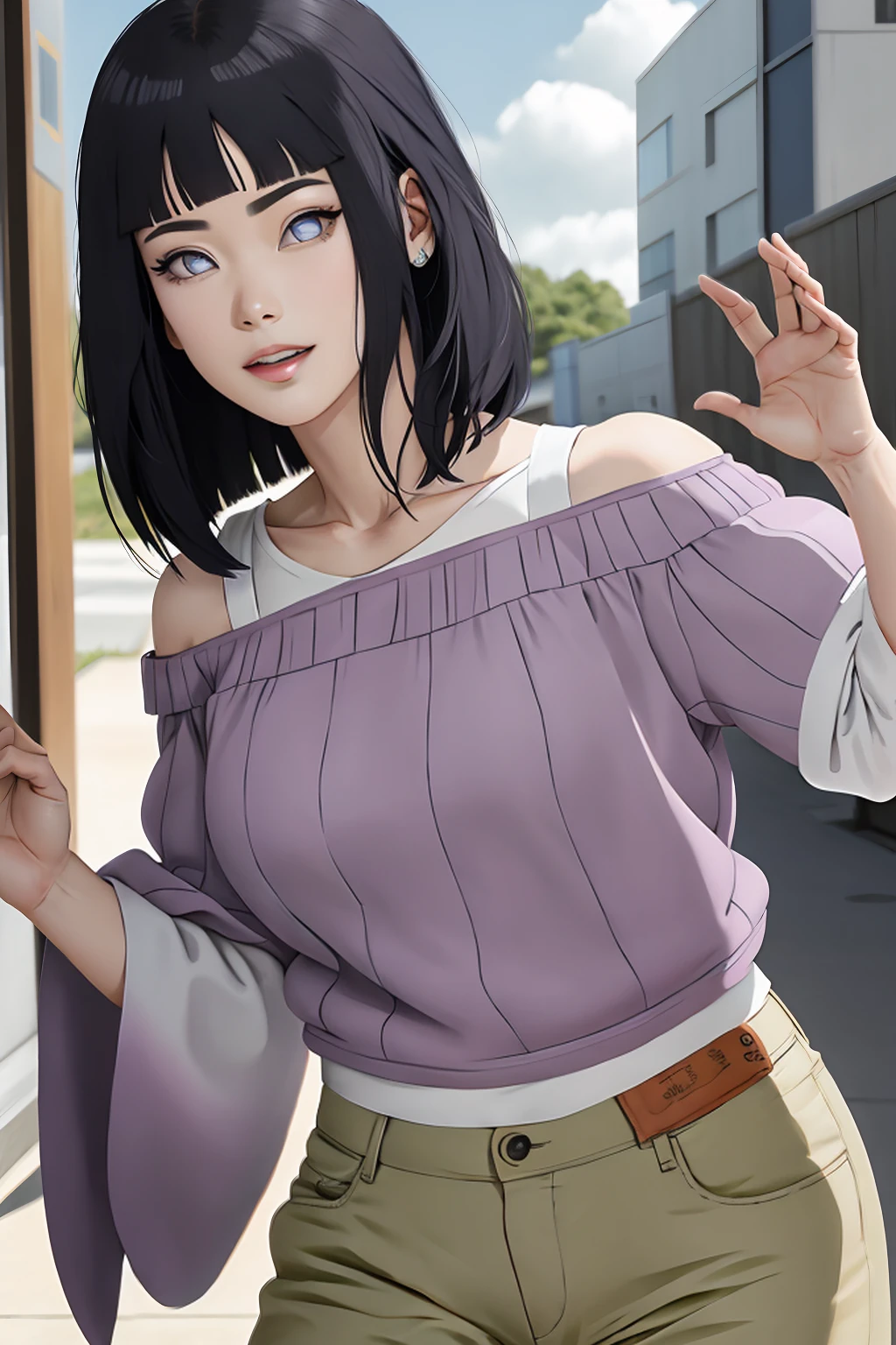 master part, absurdos, Hinata\(Boruto\), 1girl, sozinho,Mature female, Capuz roxo,mangas em camadas, brown pants, ao ar livre, Cloudy sky, perfect composition, circunstanciado lips, peito grande, beautiful face, body propotion, corar, (pink lips), cabelos pretos curto (black hair), lilac eyes, olhar suave, super realistic, circunstanciado, Photo Session, rosto e corpo realistas, Realistic hair, olhos realistas, nariz realista, realistic lips, b, anime, Dancing lightly. On your back, with your chin under your shoulder, looking back sensually, sexy smile, closed mouth. Different Pose.