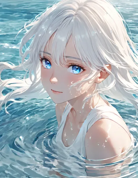 anime style female character in water, (long  white hair:1.2), (kind expression:1.1), blue colored eyes, white top, (rippling ef...