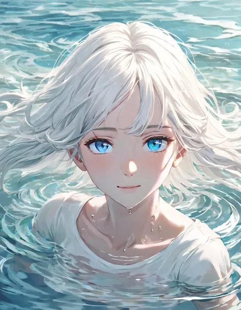 anime style female character in water, (long  white hair:1.2), (kind expression:1.1), blue colored eyes, white top, (rippling ef...