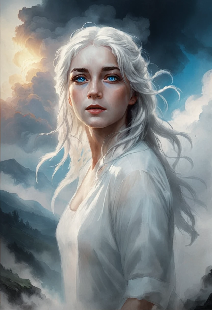 High Quality illustration,ultra detailed, Beautiful picture of A painting of a  beauty, blue eyes and white hair, full body, Wind dynamics, Fog, cinematic shot, haze lighting, 16k, uhd, blurry masterpiece,cinematic, epic, oil painting 