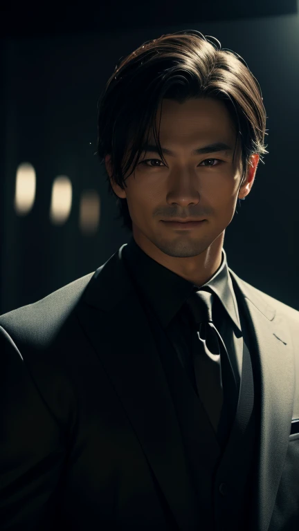 a Man standing with 30 years in black suit and black tie, black hear, Japanese, mysterious smile, master of psychology, body and head straight in the photo, facing the viewer of the photo, eyes fixed to the lens, appears shoulders and head in the photo, man centered in the photo, 8k, best quality, masterpiece, realistic, realistic photo, movie photo, ultra realistic, 1 person, detailed, perfect lighting, DSRL, professional photo, 4k