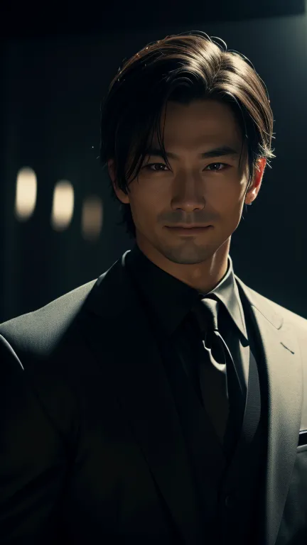 a Man standing with 30 years in black suit and black tie, black hear, Japanese, mysterious smile, master of psychology, body and...