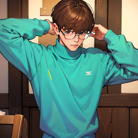 shy male, slim, nerdy boy, shy, weakling, round glasses, embarrassed, brown hair, sweater, hair over eyes, sweet, innocent