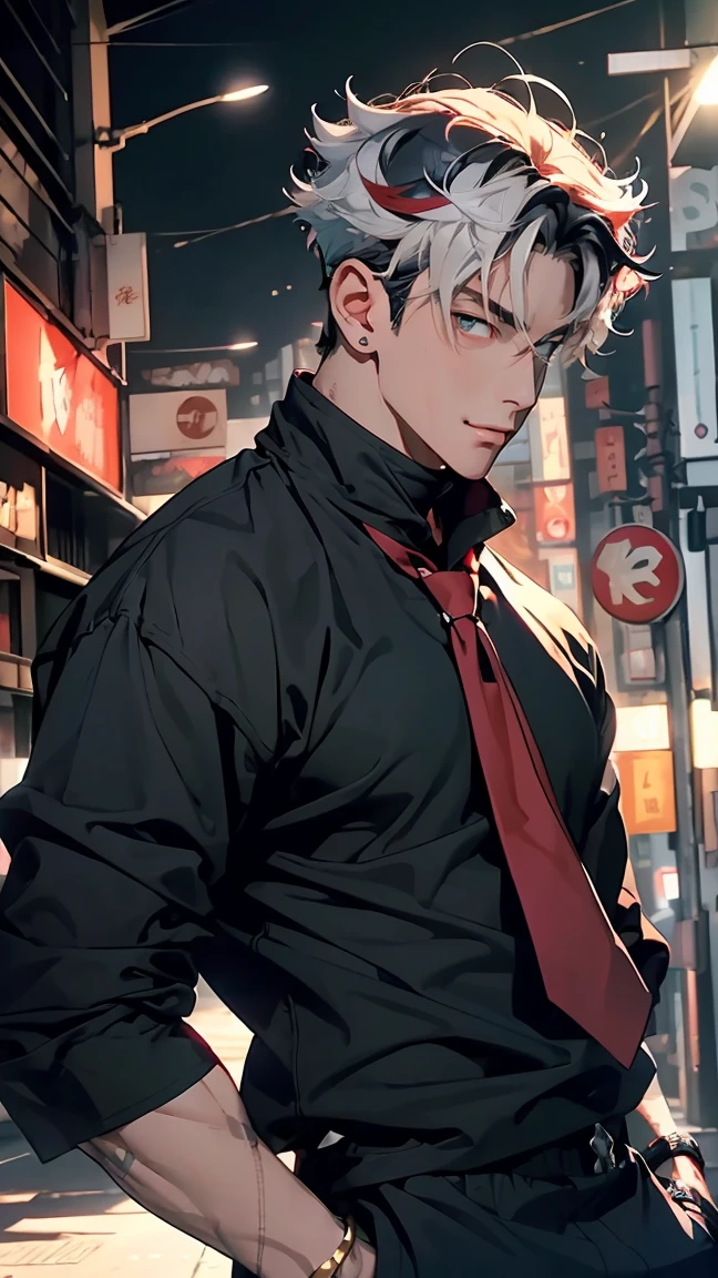 highest quality, 8K, high resolution image, anime style Jujutsu Kaisen, (Wriothesly/Genshin Impact), detailed strokes, bored look, blurry, purple light reflecting from it, (close angle), 1 man, young, male, model, Hand in pocket, Cool guy, multicolored background with different geometric shapes, around stickers, muscular, white hair, red eyes, multicolored hair, red hair, hair between eyes, highlighted hair, puffy chest. He is wearing a white Collared shirt, red tie, black fur coat on shoulders, sleeves rolled up and black sweatpants, black sweatpants and a gold link chain, sweatpants, background: big city, street