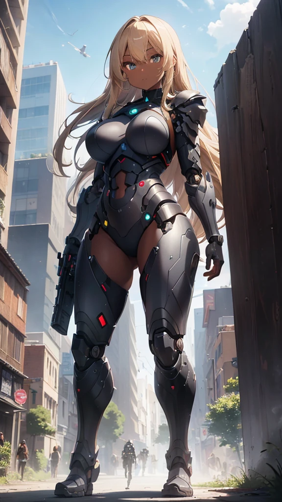 masterpiece, (dark skin), fullbody, [long hair], (blonde hair), curvy girl, each eye has one color, (robotic armor), (heavy body armor), mechanical legs, swat, futuristic