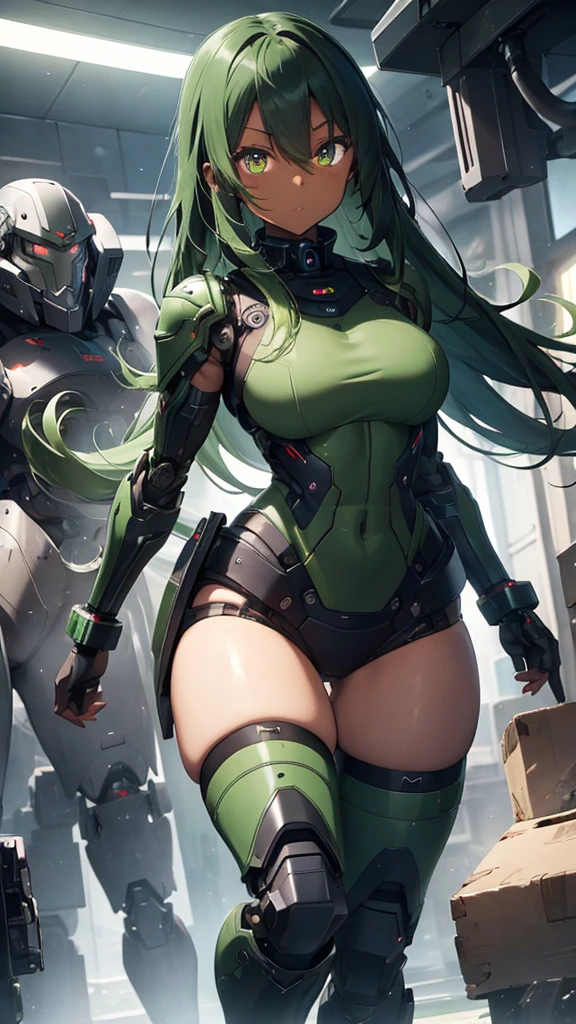 masterpiece, (dark skin), fullbody, [long hair], (green hair), curvy girl, each eye has one color, (robotic armor), (heavy body armor), mechanical legs, swat, futuristic