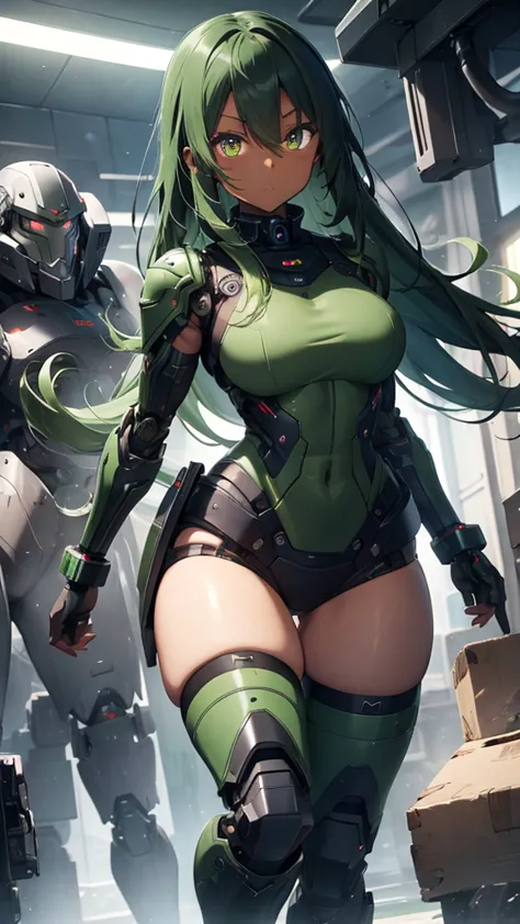 masterpiece, (dark skin), fullbody, [long hair], (green hair), curvy girl, each eye has one color, (robotic armor), (heavy body ...
