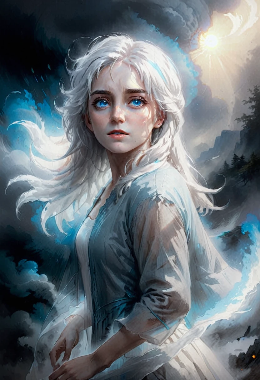 High Quality illustration,ultra detailed, Beautiful picture of A painting of a  beauty, blue eyes and white hair, full body, Wind dynamics, Fog, cinematic shot, haze lighting, 16k, uhd, blurry masterpiece,cinematic, epic, oil painting 