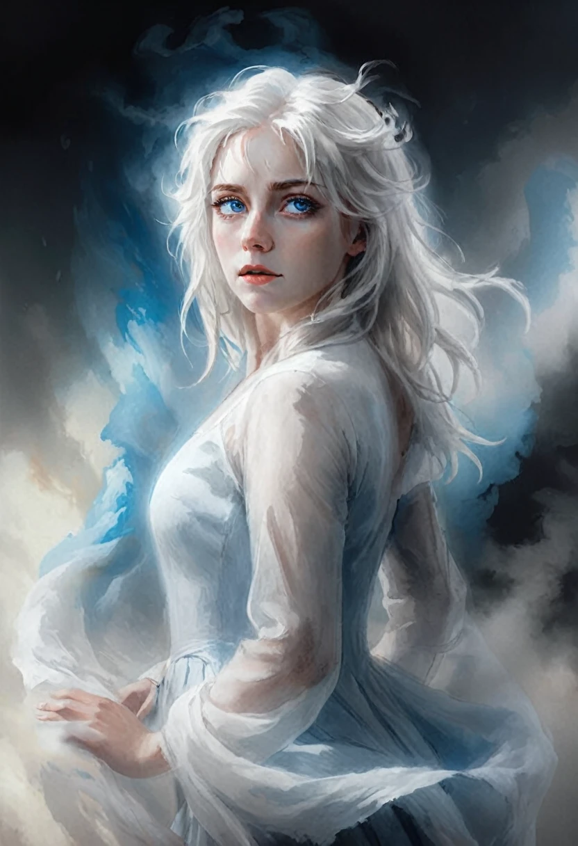 High Quality illustration,ultra detailed, Beautiful picture of A painting of a  beauty, blue eyes and white hair, full body, Wind dynamics, Fog, cinematic shot, haze lighting, 16k, uhd, blurry masterpiece,cinematic, epic, oil painting 