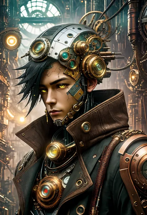 (((Cybernetic boy))) adorned with steampunk elements, blending seamlessly into a cyberpunk environment, (mysterious) and (dystop...