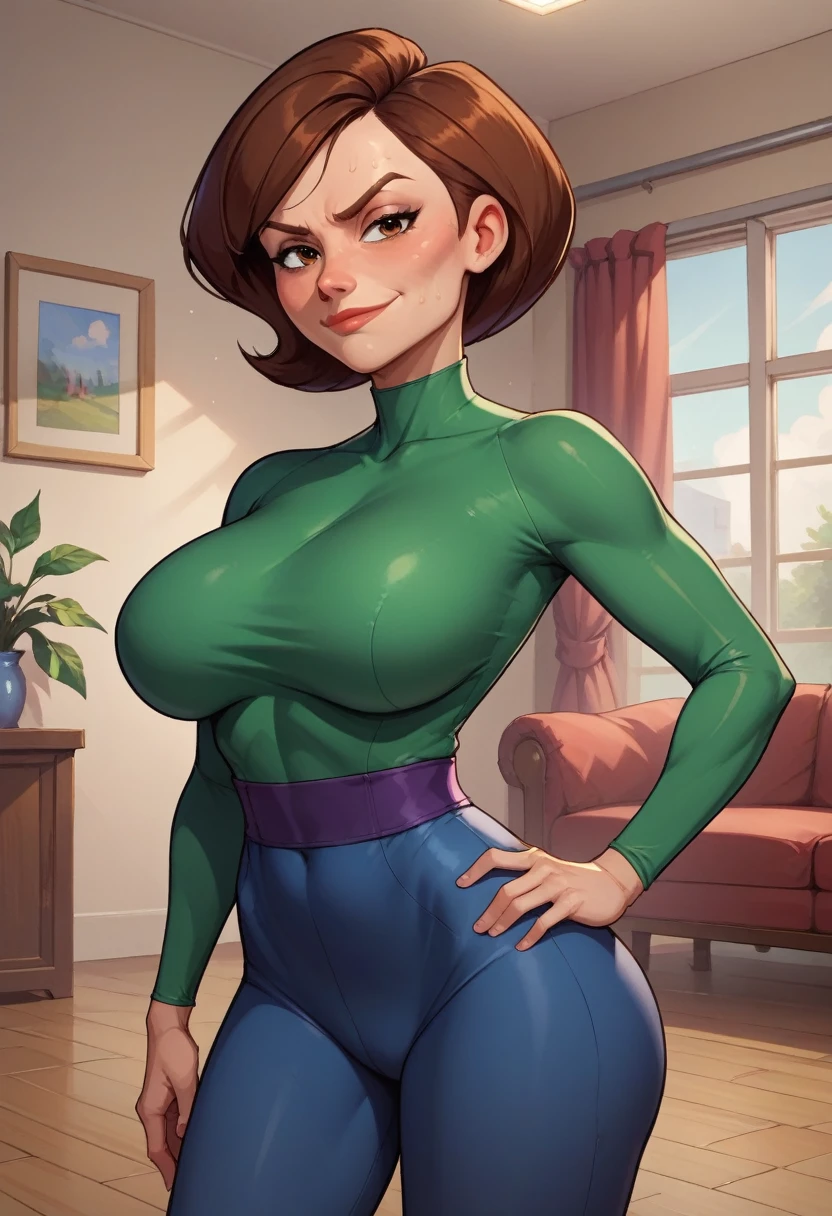 score_9, score_8_up, score_7_up, score_6_up, BREAK helen parr, wearing millitary outfit, big breasts, evil smirk,one hand on hip, sweating, in a living room, looking at viewer