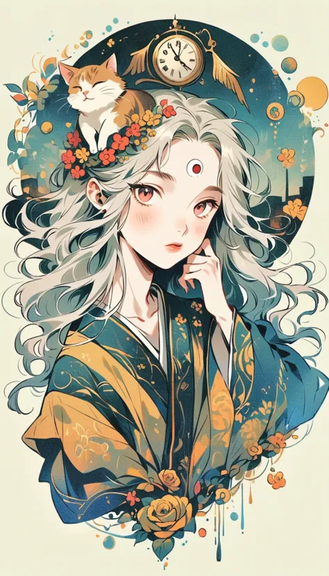 white background, fujichoco style, black and gold kimono, (((the most beautiful boy))),  white hair, shining student,the third e...