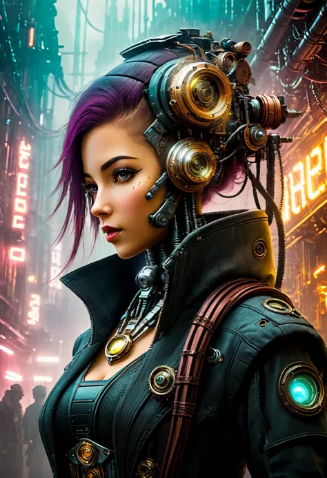 (((Cybernetic girl))) adorned with steampunk elements, blending seamlessly into a cyberpunk environment, (mysterious) and (dysto...