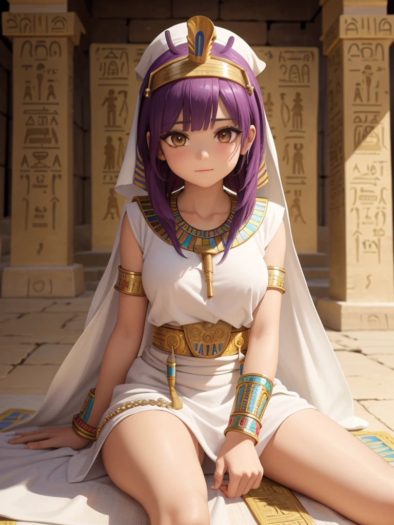 Cute ancient Egyptian princess、Colorful temples of ancient Egypt、The colorful streets of ancient Egypt、Artistic、detailed、Simple clothing made of colored linen、Sitting posture、front、Spread your legs