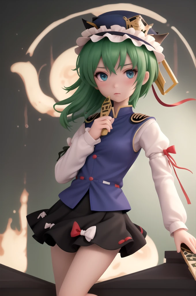 (Realistic, Highest quality, masterpiece, High Contrast,High resolution,8k), One girl,
shiki eiki,One girl,shiki eiki, Have, Blue Vest,White shirt,Black Shirt, Green Hair, short hair,Long sleeve, bow, blue eyes,ribbon, red bow, ribbon-trimmed skirt,rod of remorse 