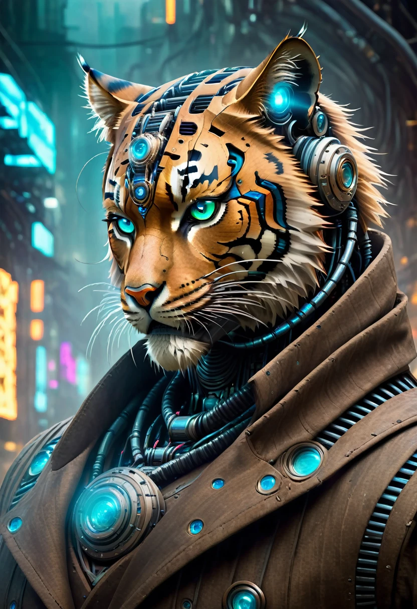 (((Cybernetic tiger))) adorned with steampunk elements, blending seamlessly into a cyberpunk environment, (mysterious) and (dystopian) ambiance, (masterpiece) of digital art