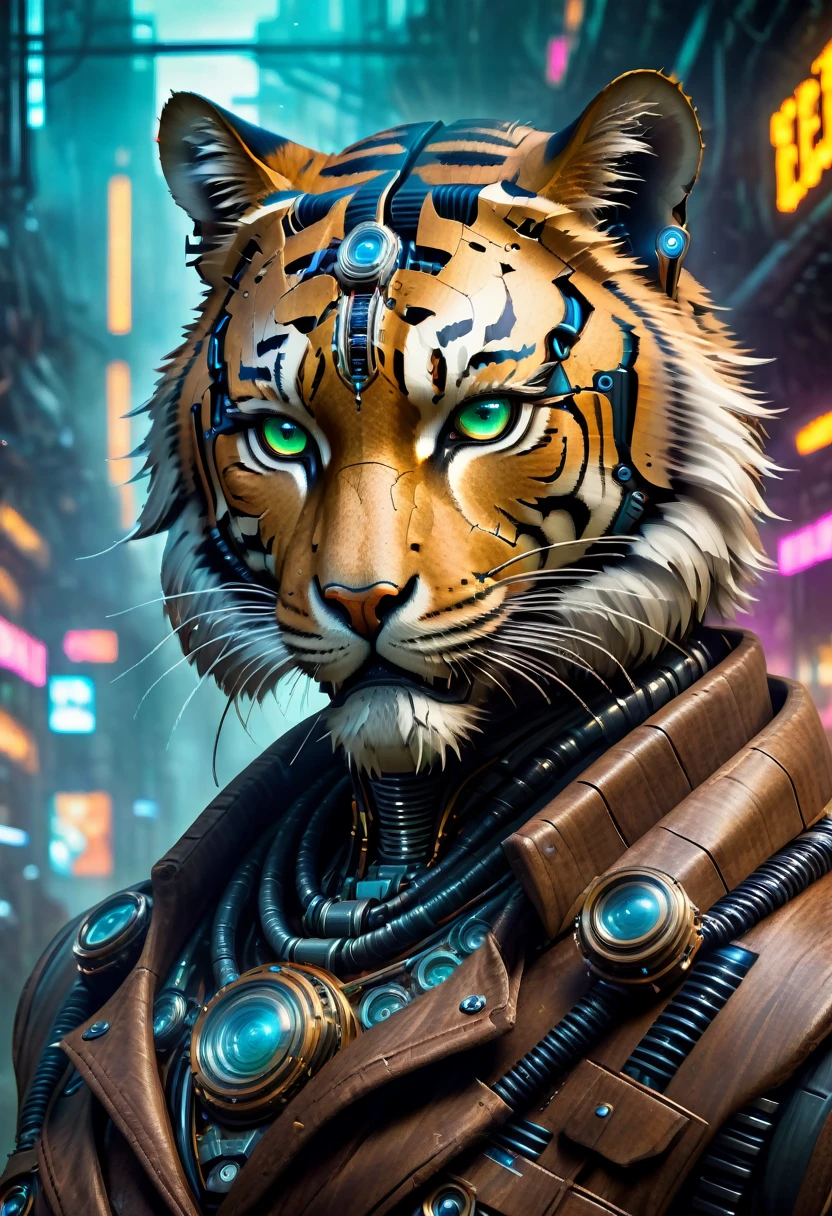 (((Cybernetic tiger))) adorned with steampunk elements, blending seamlessly into a cyberpunk environment, (mysterious) and (dystopian) ambiance, (masterpiece) of digital art