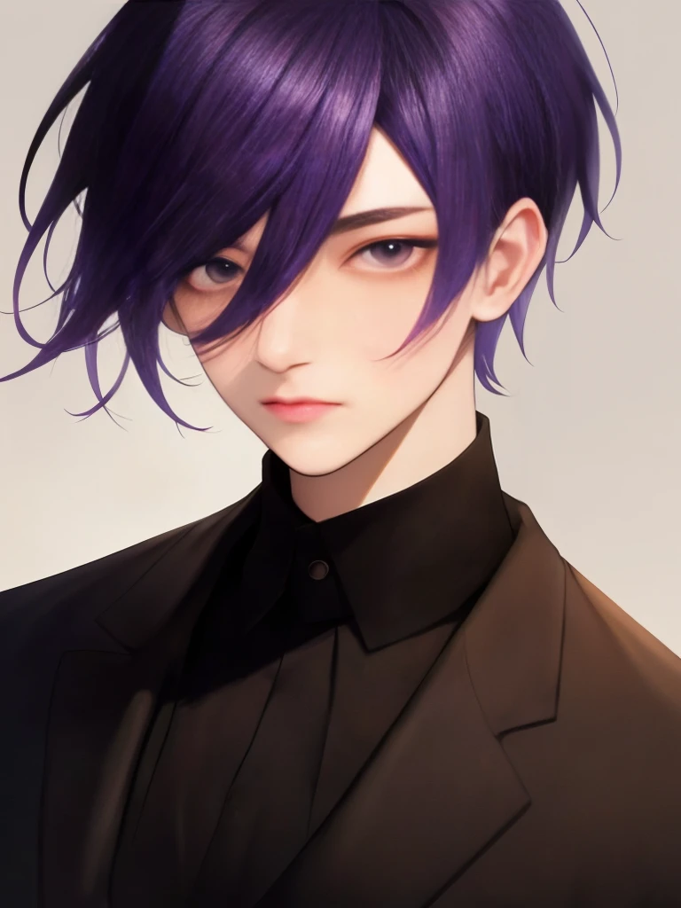 high resolution, dark purple hair, Dark purple eyes., Masterpiece, male, age21, Black eye contour,