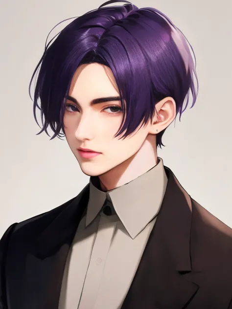 high resolution, dark purple hair, Dark purple eyes., Masterpiece, male, age21, Black eye contour,