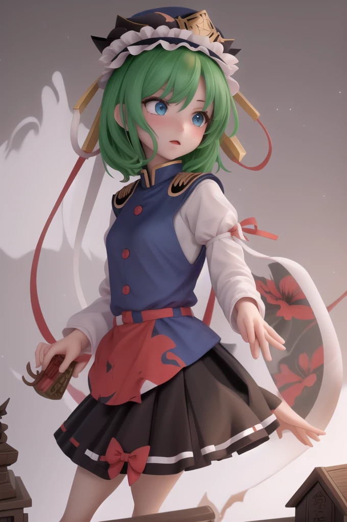 (Realistic, Highest quality, masterpiece, High Contrast,High resolution,8k), One girl,
shiki eiki,One girl,shiki eiki, Have, Blue Vest,White shirt,Black Shirt, Green Hair, short hair,Long sleeve, bow, blue eyes,ribbon, red bow, ribbon-trimmed skirt,rod of remorse, Red spider lily hill