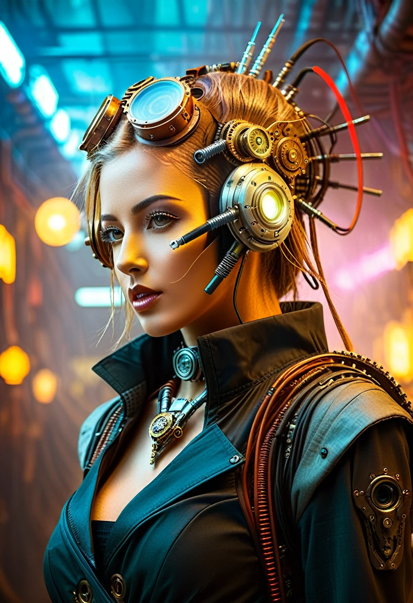 (((Cybernetic woman))) adorned with steampunk elements, blending seamlessly into a cyberpunk environment, (mysterious) and (dystopian) ambiance, (masterpiece) of digital art