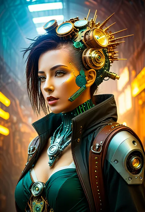 (((Cybernetic woman))) adorned with steampunk elements, blending seamlessly into a cyberpunk environment, (mysterious) and (dyst...