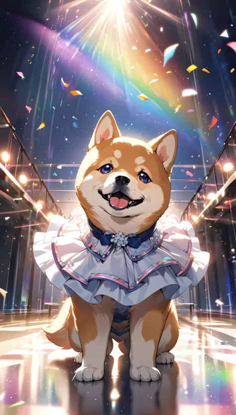 Highest quality, Highest quality, 16K, Unbelievably absurd, Very detailed, delicate and dynamic, Detailed Description, , Particles reflect light, Diffuse reflection of light, Vortex of Light, A lot of rainbow confetti falls, Spotlight, Catwalk, night, fashion show, illumination, Create amazing image effects, Close-up, (a Shiba Inu, Dog fashion model,, , Gorgeous dog dress, unique design dress,)