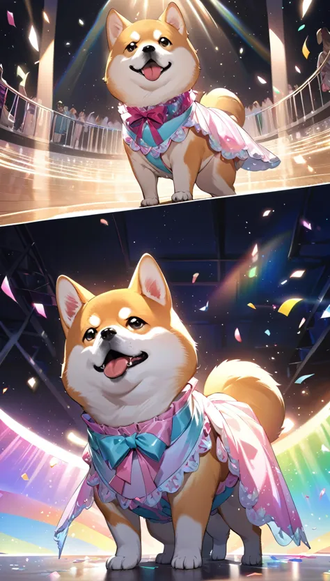 Highest quality, Highest quality, 16K, Unbelievably absurd, Very detailed, delicate and dynamic, Detailed Description, , Particles reflect light, Diffuse reflection of light, Vortex of Light, A lot of rainbow confetti falls, Spotlight, Catwalk, night, fashion show, illumination, Create amazing image effects, Close-up, (a Shiba Inu, Dog fashion model,, , Gorgeous dog dress, unique design dress,)