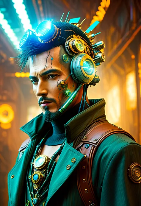 (((Cybernetic man))) adorned with steampunk elements, blending seamlessly into a cyberpunk environment, (mysterious) and (dystop...