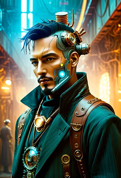 (((Cybernetic man))) adorned with steampunk elements, blending seamlessly into a cyberpunk environment, (mysterious) and (dystop...