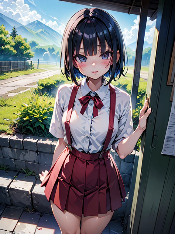 Roadside in the countryside,In the mountains,Unpopular place,Rusty bus stop,Shade,Fresh morning air,Soft sunlight,I can see the mountains,cumulonimbus,

echo-san,  bob cut, black hair, short sleeve,
High resolution,Sharp focus,(Super detailed,Very detailed),(Very detailed CG unity 8k wallpaper),(((Vibrant colors))),{best illustration},
Complex eyes,Beautiful Eyes,Symmetrical eyes,Big eyes:1.5,Seductive eyes,((complete anatomy)),Perfect Fingers,(Detailed body),(Detailed face)), cute,small breasts,
shiny 肌,very shiny 肌,Shiny body,plastic glitter 肌,exaggerated shiny 肌,illuminated 肌,
dress shirt, red suspender skirt, short sleeve, smile,
lips, red cheek, portrait, reaching out,
embarrassing, orgasm, 