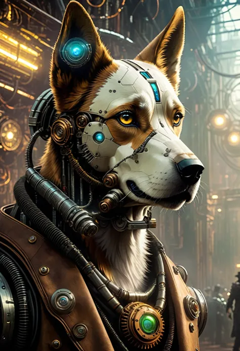(((Cybernetic wolf))) adorned with steampunk elements, blending seamlessly into a cyberpunk environment, (mysterious) and (dysto...