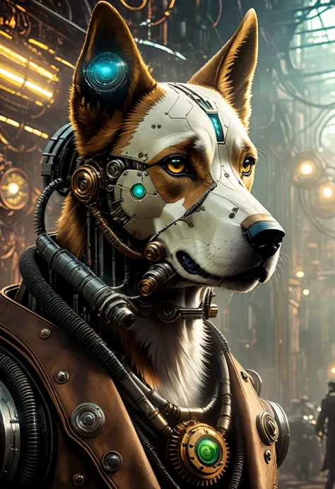 (((Cybernetic wolf))) adorned with steampunk elements, blending seamlessly into a cyberpunk environment, (mysterious) and (dysto...