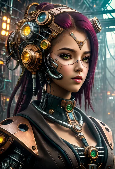 (((Cybernetic girl))) adorned with steampunk elements, blending seamlessly into a cyberpunk environment, (mysterious) and (dysto...