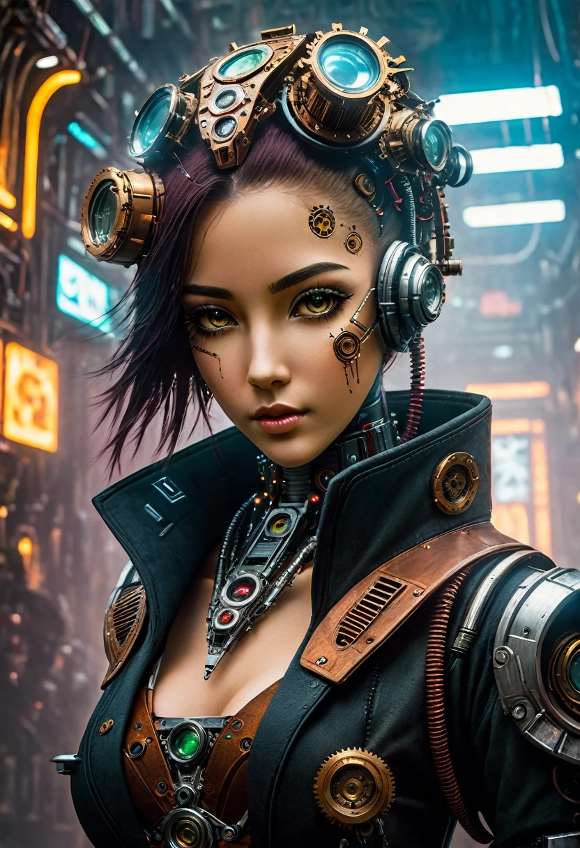 (((Cybernetic girl))) adorned with steampunk elements, blending seamlessly into a cyberpunk environment, (mysterious) and (dystopian) ambiance, (masterpiece) of lifelive art