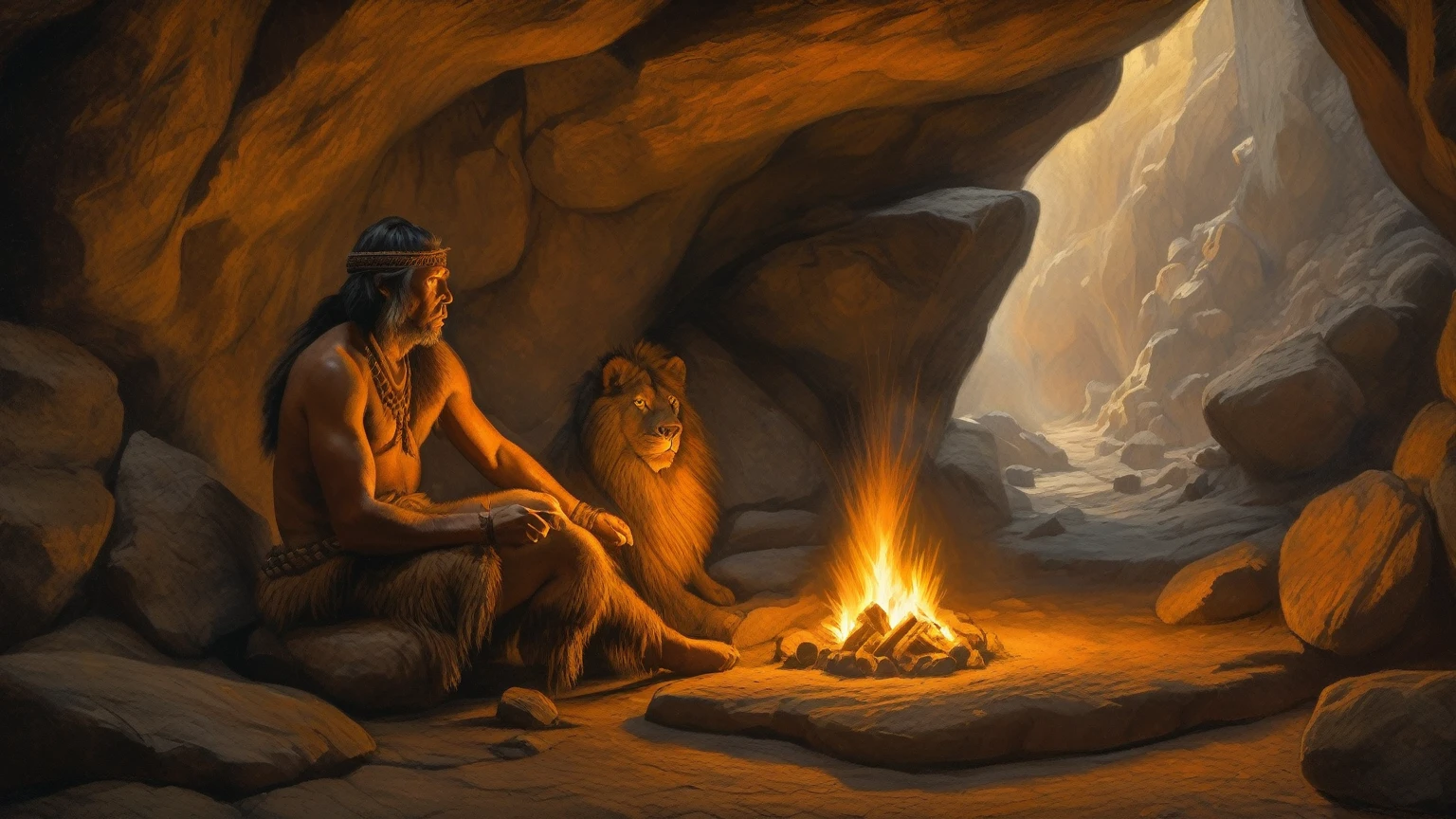 (((A prehistoric man dressed in animal skins draws with charcoal on a rock wall a portrait of his favorite woman, who poses for him sitting by a fire that lights up a Paleolithic cave))). Paleolithic stylization, detailed drawing, highly realistic, chiaroscuro lighting, dynamic composition, intricate textures, warm color palette
