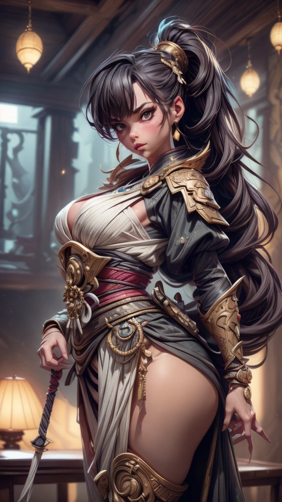 (best quality,4k,8k,highres,masterpiece:1.2),ultra-detailed, female dressed as attractive Samurai, gorgeous, voluptuous, flirting, busty, ample hips, insanely detailed accentuated big booty, looking_back, portrait, photography, detailed skin, Realistic, photo-realistic, 8k, highly detailed, full-length frame, HIGH detailed RAW color art, piercing, diffused soft lighting, shallow depth of field, sharp focus, hyperrealism, cinematic lighting,