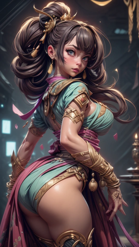 (best quality,4k,8k,highres,masterpiece:1.2),ultra-detailed, female dressed as attractive Samurai, gorgeous, voluptuous, flirting, busty, ample hips, insanely detailed accentuated big booty, looking_back, portrait, photography, detailed skin, Realistic, photo-realistic, 8k, highly detailed, full-length frame, HIGH detailed RAW color art, piercing, diffused soft lighting, shallow depth of field, sharp focus, hyperrealism, cinematic lighting,