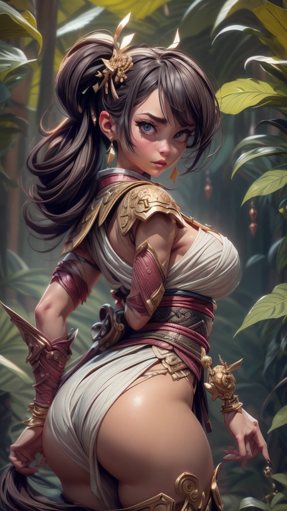 (best quality,4k,8k,highres,masterpiece:1.2),ultra-detailed, female dressed as attractive Samurai, gorgeous, voluptuous, flirting, busty, ample hips, insanely detailed accentuated big booty, looking_back, portrait, photography, detailed skin, Realistic, photo-realistic, 8k, highly detailed, full-length frame, HIGH detailed RAW color art, piercing, diffused soft lighting, shallow depth of field, sharp focus, hyperrealism, cinematic lighting,