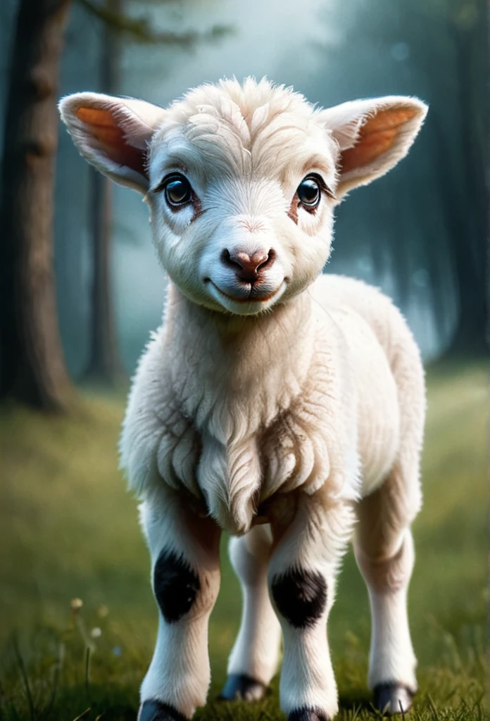 High Quality illustration,ultra detailed, Beautiful picture of A painting of a  baby Lamb , blue eyes and white  full body, zhibi, Fog, cinematic shot, haze lighting, 16k, uhd, blurry masterpiece,cinematic, epic, oil painting 