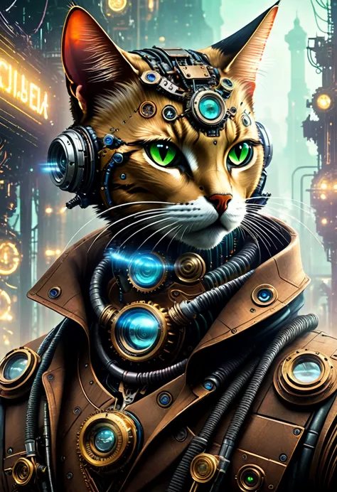 (((Cybernetic cat))) adorned with steampunk elements, blending seamlessly into a cyberpunk environment, (mysterious) and (dystop...