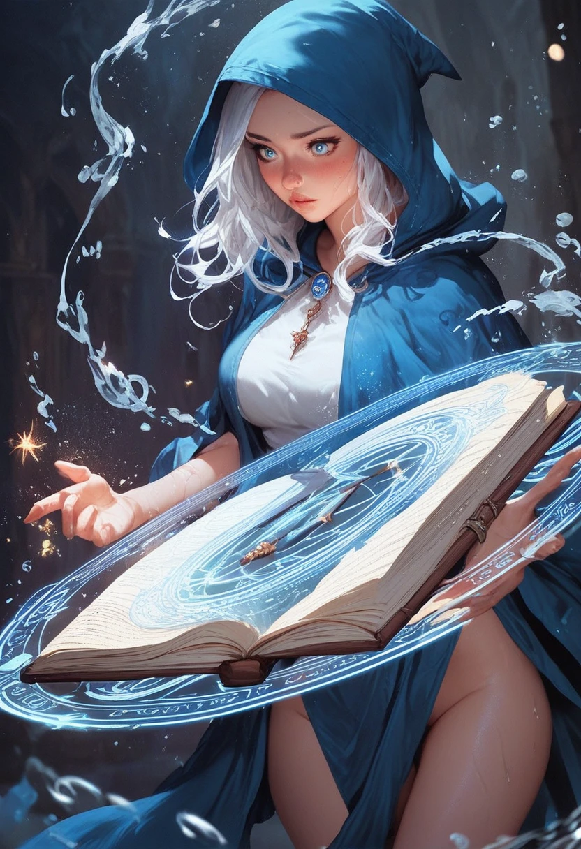 Fraction_9, Fraction_8_up, Fraction_7_up, Fraction_6_up, Fraction_5_Direction_4_up,  witch, Cast water magic, Blue hood, Medium breasts, Colored eyes, freckle, White hair, Magic Circle, thigh绑带, , 1 Girl, Skin is delicate and smooth, blush, Perfect body, thigh, Large Breasts, Very detailed, Glossy lips, Looking at the audience, waves in background, Magic book, ceremony, Water Demon Bat, Water splash, wet, Water magic,  Hong Kong Magic