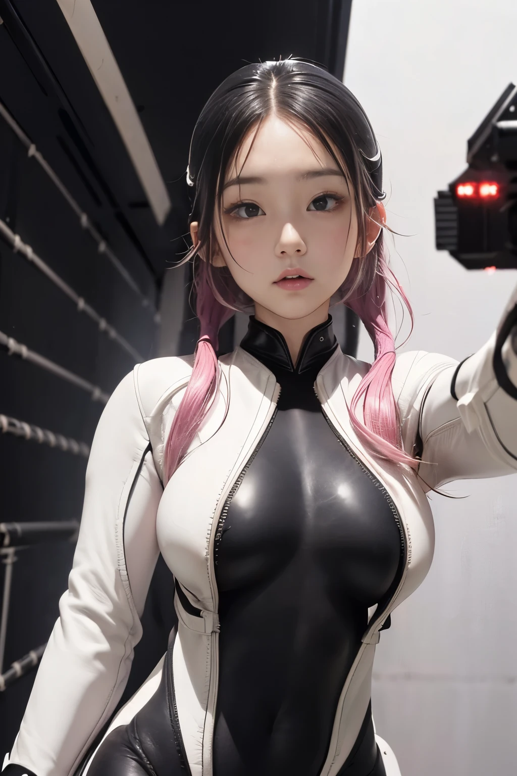 ((Upper body photo))、Cute face、Pink Hair、Long Hair、Twin tails、White skin、High nose, ((Shooting from the front:1.5 ))、((Tight black leather suit:1.5)), ((Big Breasts)), Pointed nipples, masterpiece
