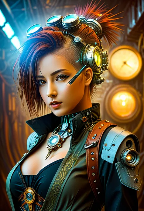 (((Cybernetic girl))) adorned with steampunk elements, blending seamlessly into a cyberpunk environment, (mysterious) and (dysto...