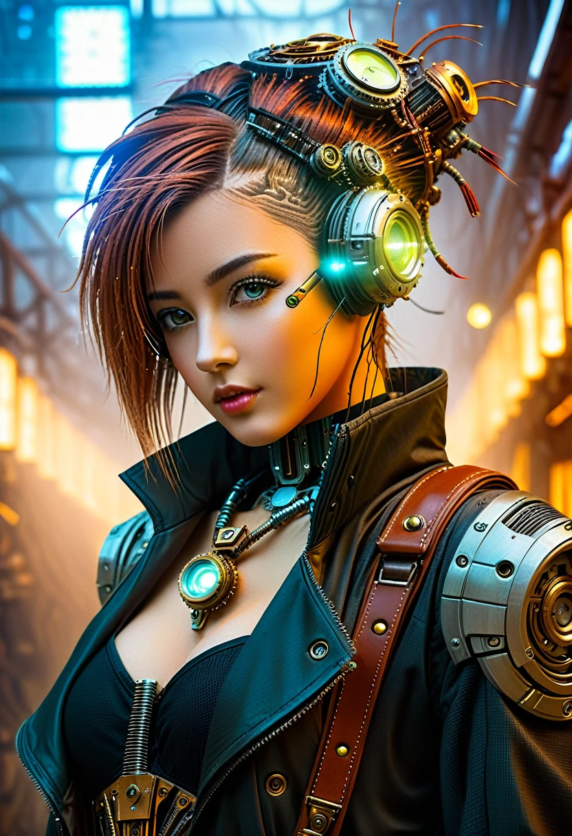 (((Cybernetic girl))) adorned with steampunk elements, blending seamlessly into a cyberpunk environment, (mysterious) and (dystopian) ambiance, (masterpiece) of lifelike art