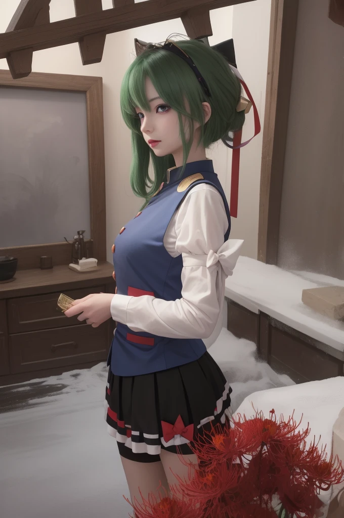 (Realistic, Highest quality, masterpiece, High Contrast,High resolution,8k), One girl,
shiki eiki,One girl,shiki eiki, Have, Blue Vest,White shirt,Black Shirt, Green Hair, short hair,Long sleeve, bow, blue eyes,ribbon, red bow, ribbon-trimmed skirt,rod of remorse, Red spider lily hill、Yata mirror in hand