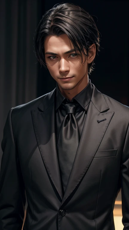 a Man standing with 30 years in black suit and black derby tie, slender face, facing forward, black hear, center-parted hairstyle, medium-length hair, Japanese, black background, mysterious smile, master of psychology, body and head straight in the photo, facing the viewer of the photo, eyes fixed to the lens, appears shoulders and head in the photo, man centered in the photo, 8k, best quality, masterpiece, realistic, realistic photo, movie photo, ultra realistic, 1 person, detailed, perfect lighting, DSRL, professional photo, 4k