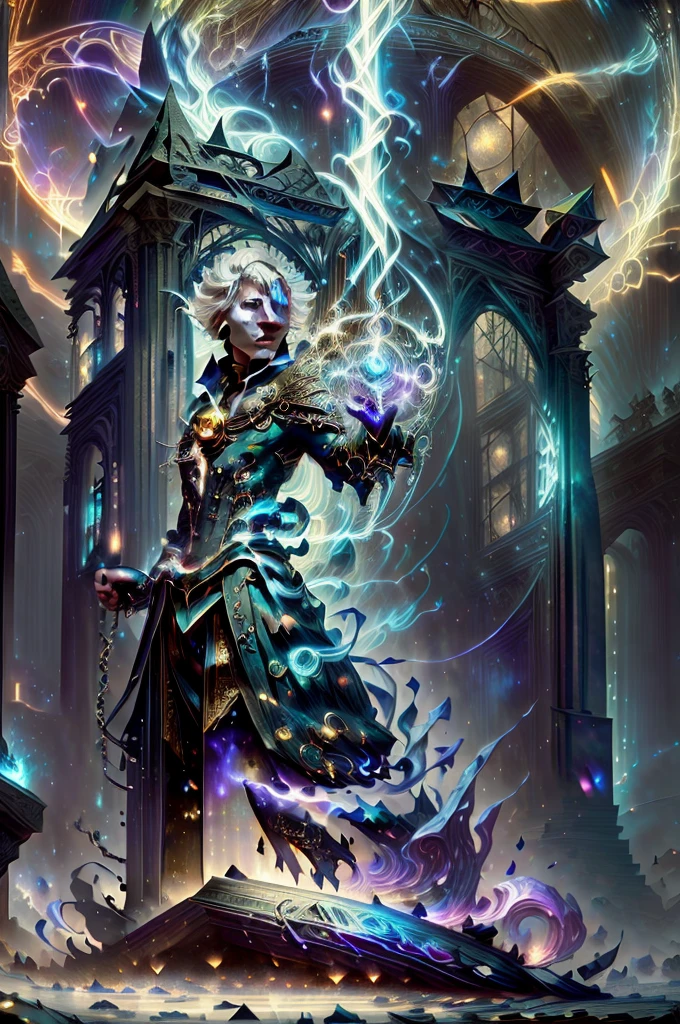 An  enchanting image of a boy casting a magic spell, has Five fingers, white hair floating in the air, with the magic circle visible while casting, facing towards the viewer, glowing with powerful aura of fire with read color color scheme, shows the magic caster eyes with etheral light, a mist in his background, with a beautiful scene in the background, cinematic lighting, dramatic lighting, super detailed, hyper detail, black cloak, royal prince, detailed magic circles(8k), スーパー8k解像度, Amazing illustration of a fantastic celestial object, The galaxy was shattered, Mysterious Hero, Warrior Prince, (Cyberpunk Invisibility Mask: 1.3), Space Glasses (The time machine is in your hands: 1.7), Shiny flowing white robes , Celestial explorer emerges from a portal, (A very exquisite masterpiece: 1.7) Cinema Lighting